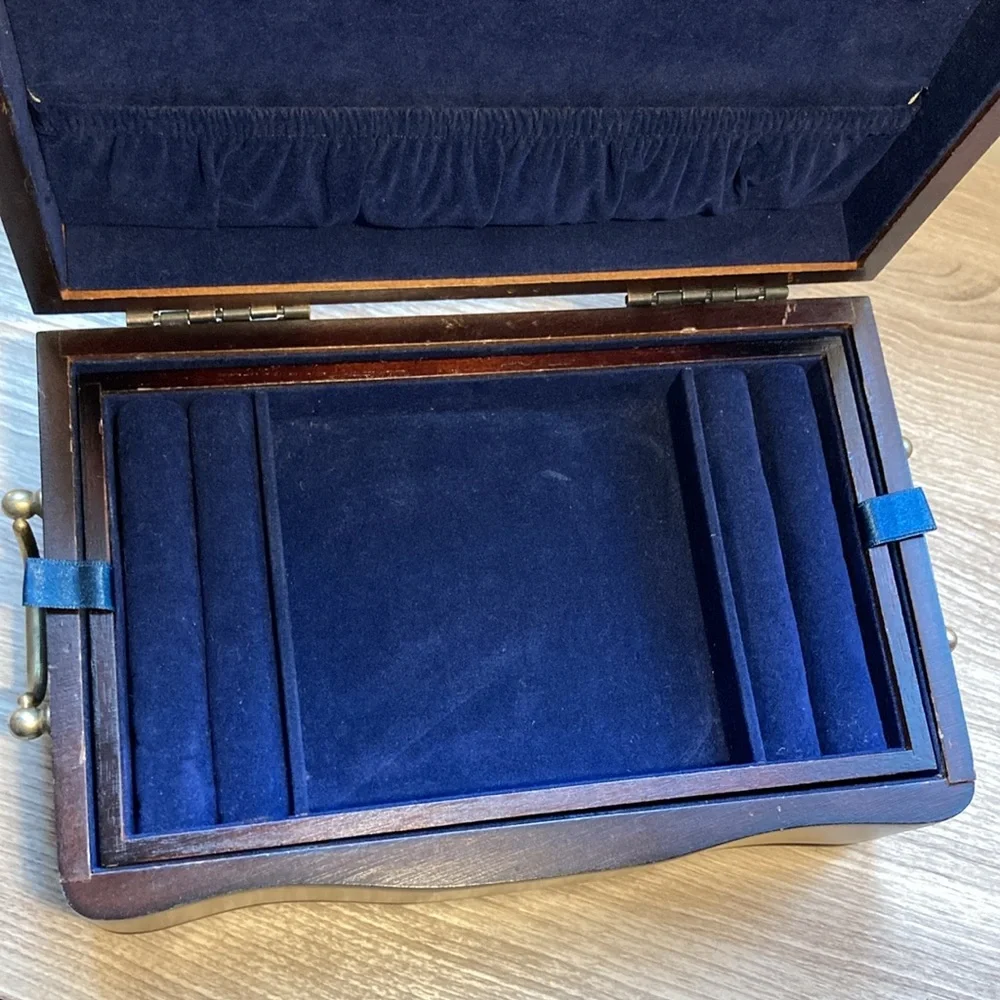 Powell Wooden Jewelry Box with Blue Velvet Interior vintage gorgeous